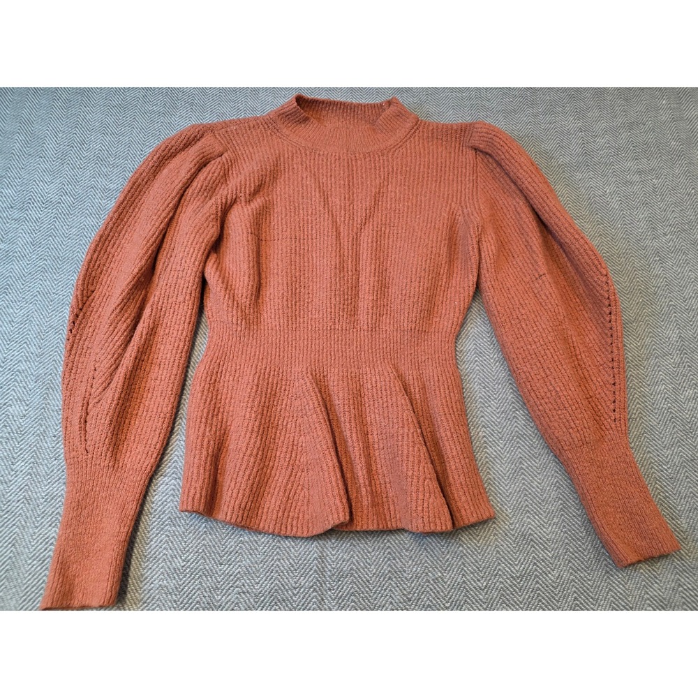 Love Tree Sweater Womens XL Rust Ribbed Peplum Puff Sleeve Mock Neck Pullover